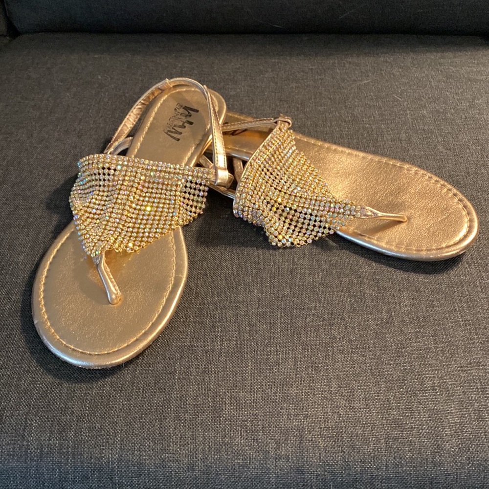 8.5 Rose Gold flats with Aurora borealis rhinestones.